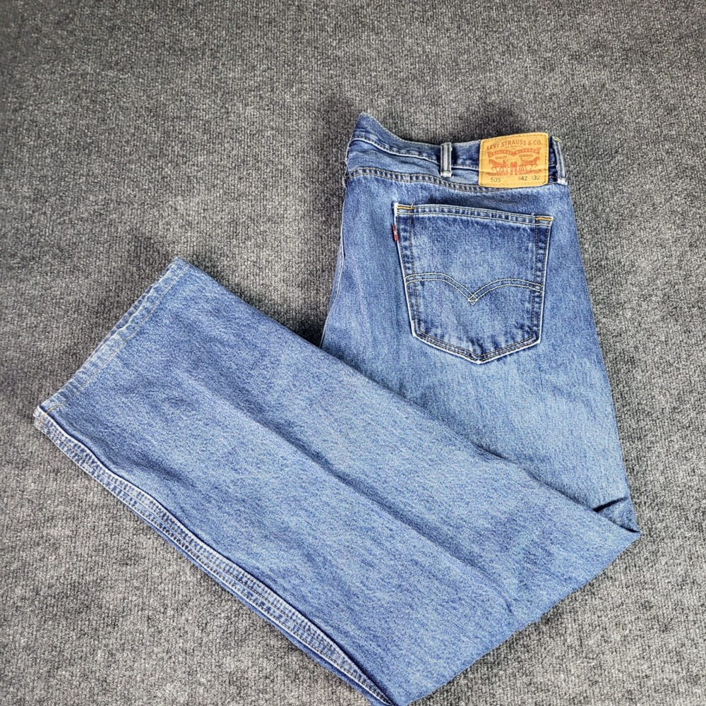 Levis 505 Regular Fit Straight Leg Blue Jeans Mens W42 L32 100% Cotton Denim